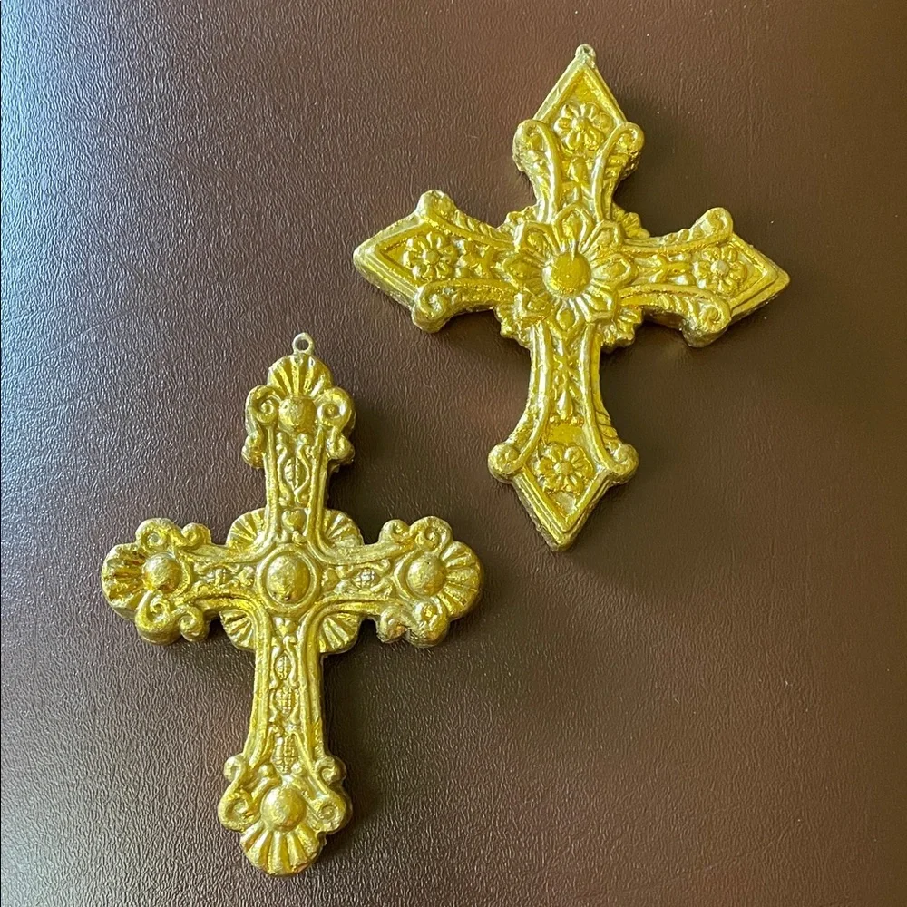 Set of 2 Gold Ornate Cross Christmas Ornaments